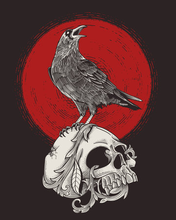 dead skull with standing ravenのイラスト素材