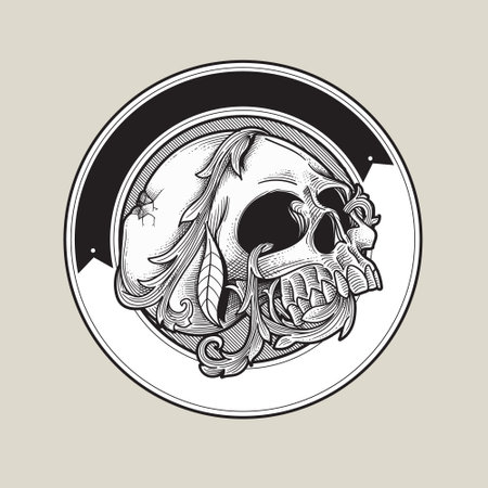old skull logo with floral ornamentのイラスト素材