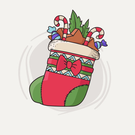 Cute Christmas stocking with candy and red ribbonのイラスト素材