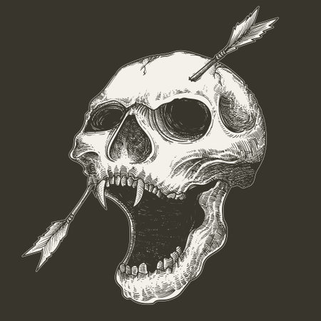 Skull with arrow. Hand drawn vector illustration isolated on black backgroundのイラスト素材