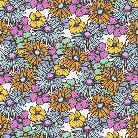 Seamless pattern with colorful daisy flowers. Vector illustration.のイラスト素材