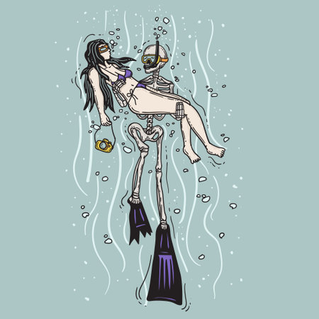 A woman in a bikini is swimming with a skleleton scuba diver. Summer vibesのイラスト素材