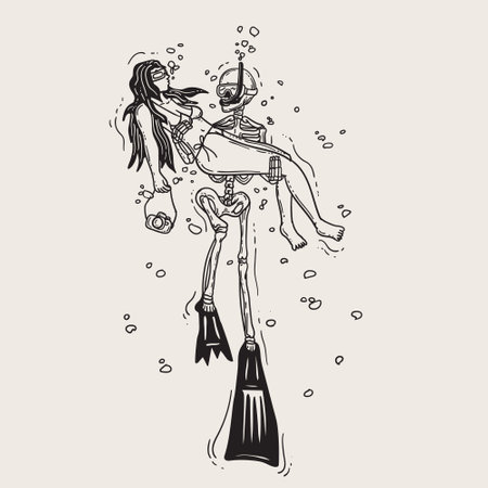 A woman in a bikini is swimming with a skleleton scuba diver. Summer vibesのイラスト素材