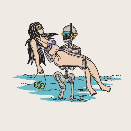A skeleton and a girl on a beach. Summer vibesのイラスト素材