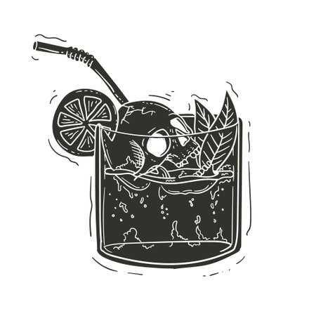 Cocktail with lemon and ice. Hand drawn vector illustration.のイラスト素材