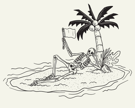 Skeleton and palm tree on the island. Hand drawn vector illustration.のイラスト素材