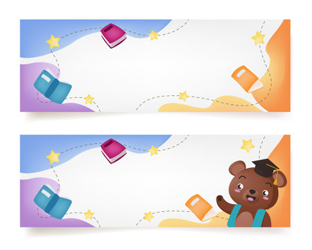 Set of horizontal banners with teddy bear and books. Vector illustrationのイラスト素材