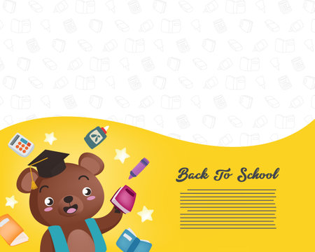 Back to school card with a cute bear and school supplies. Vector illustration.のイラスト素材