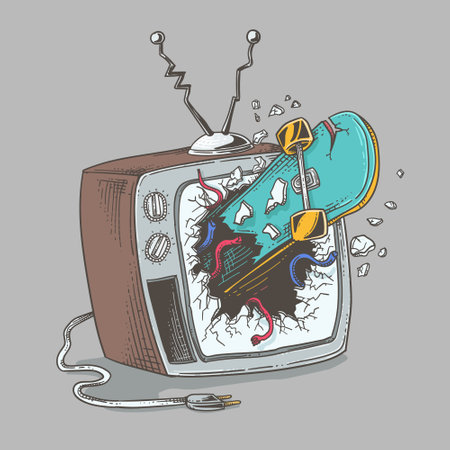Retro TV with broken screen. Hand drawn vector illustration in sketch style.のイラスト素材