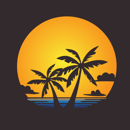 Silhouette of palm trees on the beach at sunset. Vector illustrationのイラスト素材
