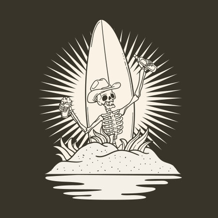Skull and surfboard on the sand. Vector illustration in vintage outline style.のイラスト素材