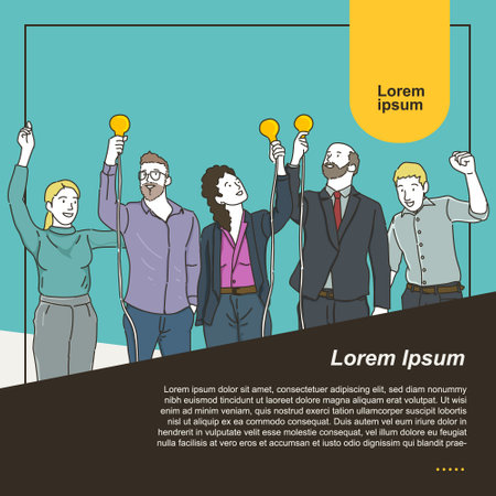 Vector outline illustration of business teamwork with creative lightbulbs. Template designのイラスト素材