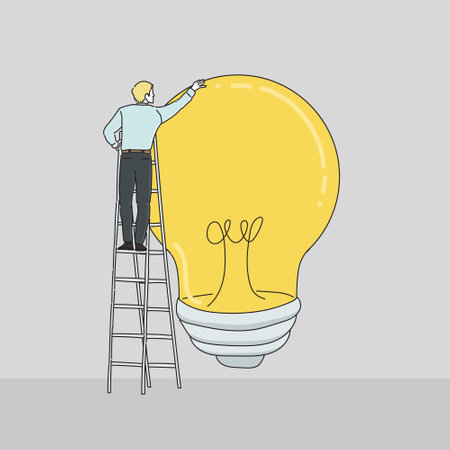 Man standing on ladder and drawing a big light bulb. Business idea concept. Vector illustration.のイラスト素材