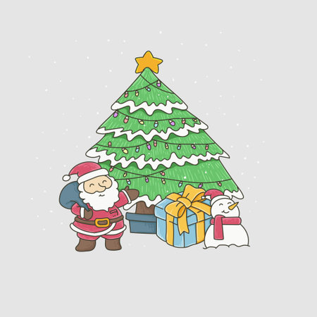 Christmas tree and Santa Claus with gifts. Hand drawn vector illustration.のイラスト素材