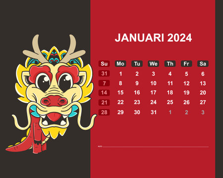 Calendar for January 2024. Vector illustration with dragonのイラスト素材