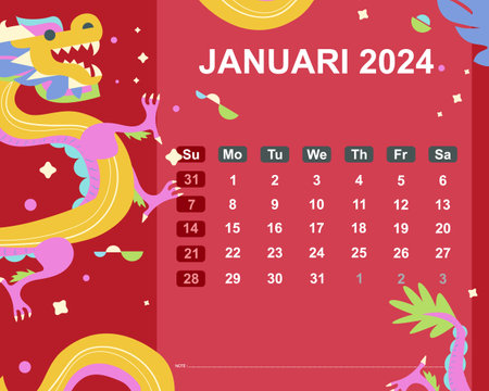 Calendar for January 2024. Vector illustration with dragonのイラスト素材