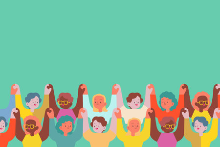 Crowd of womans cartoon with hands up in the air. Vector illustration.のイラスト素材