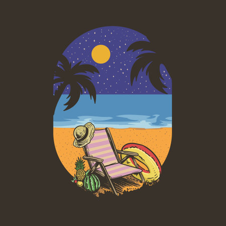 Beach chair and palm trees. Vector illustration in vintage style.のイラスト素材