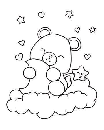 Teddy bear sitting on a cloud with stars. Coloring book for childrenのイラスト素材