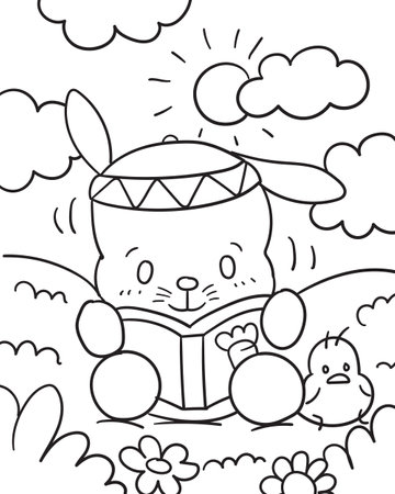 Cute bunny reading book. Coloring book for childrenのイラスト素材