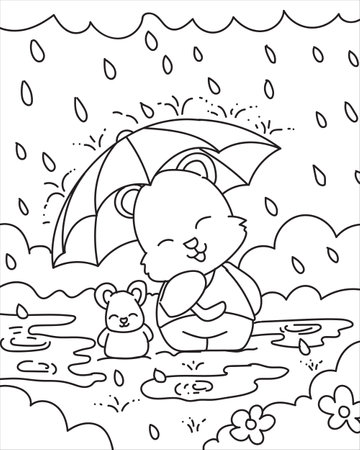 Coloring book for children: little bear with an umbrella in the rainのイラスト素材