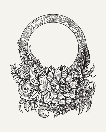 Hand drawn floral wreath with peony flowers. Vector illustration.のイラスト素材
