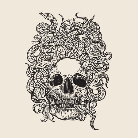 Hand drawn skull with snakes. Vector illustration. Tattoo art.