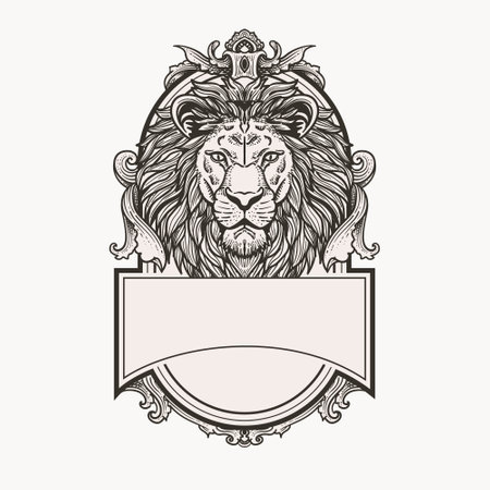 Lion head with crown. Vector illustration in vintage engraving style.のイラスト素材