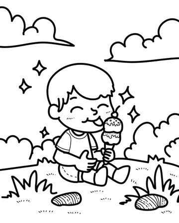 Kid Boy Eating Ice Cream for Coloring Bookのイラスト素材