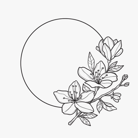 Round frame with flowers and leaves. Hand drawn vector illustration in sketch style.のイラスト素材