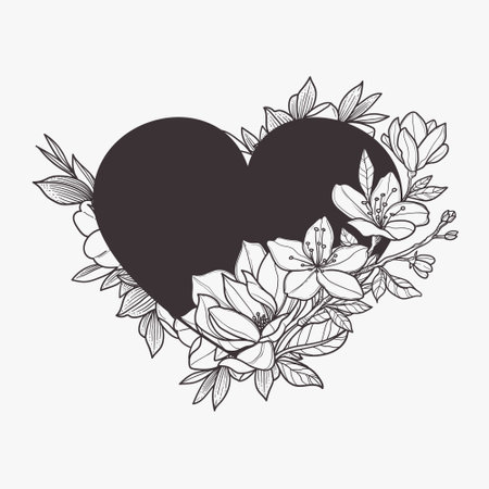 Black heart with flowers and leaves. Vector illustration for your design.のイラスト素材