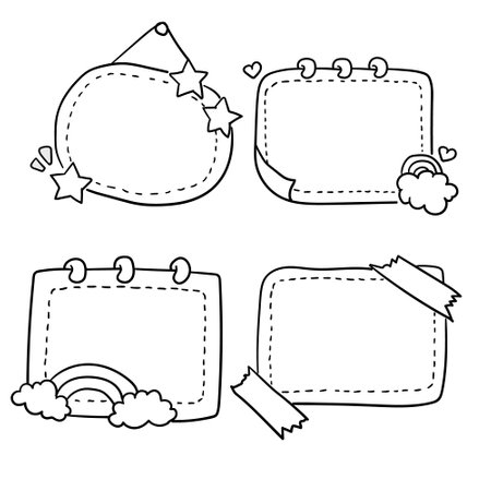 Set of cute hand drawn frames. Vector illustration. Doodle style.のイラスト素材