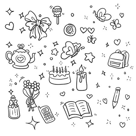 Hand drawn doodle set of birthday elements. Vector illustration.のイラスト素材