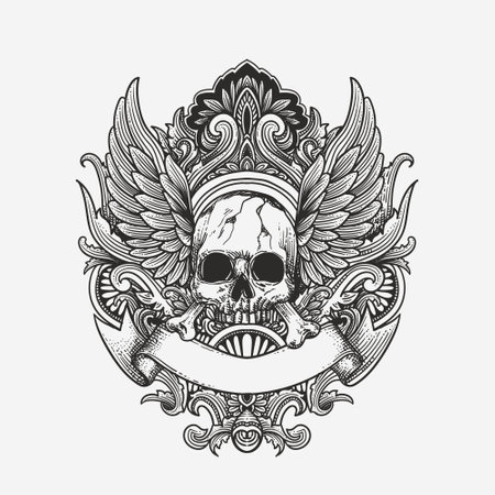 Gothic coat of arms with skull and wings vector illustration.のイラスト素材