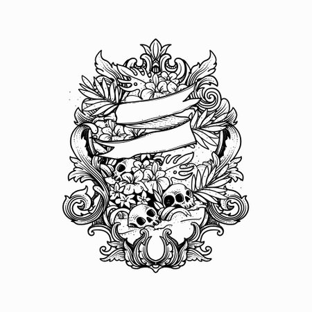 Vintage frame with floral elements. Vector illustration. Black and white.のイラスト素材