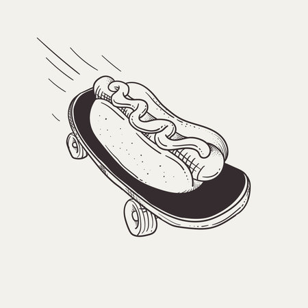 Skateboard sketch. Vector illustration of a hot dog on a skateboard.のイラスト素材