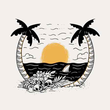 Tropical island with palm trees and sunset. Vector illustration.のイラスト素材