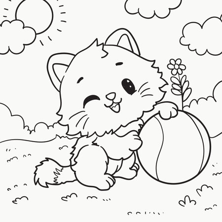 Coloring Page Outline Of a Cute Cat with a ballのイラスト素材