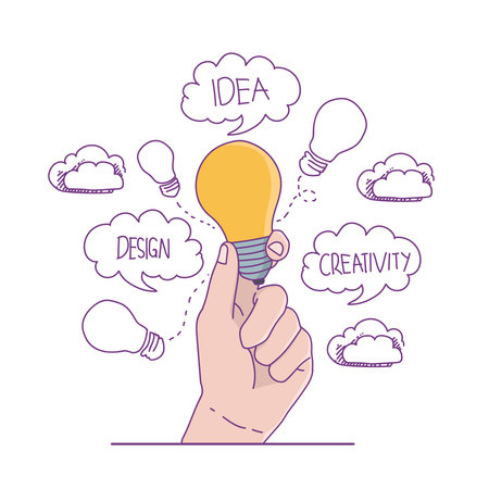 Hand holding lightbulb with text and doodle icons.のイラスト素材