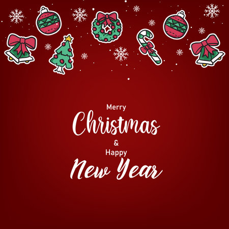 Merry Christmas and Happy New Year greeting card with icons. Vector illustration.のイラスト素材