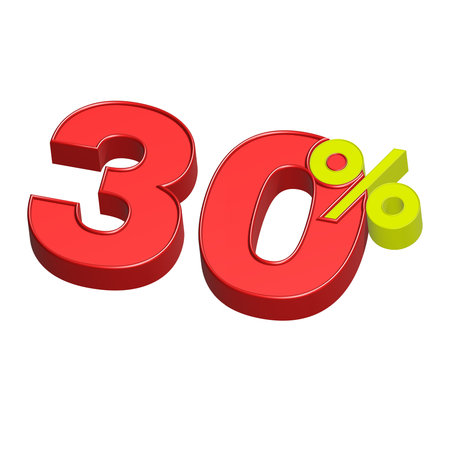 30 percent discount sign on white background. 3D rendering. Isometric projection.