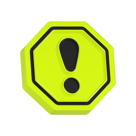 Exclamation mark in a yellow hexagon isolated on white background.