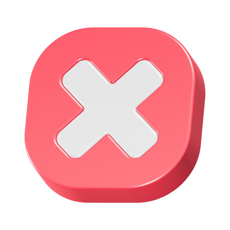 Red x button isolated on white background, 3d render, square image