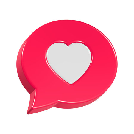 Red glossy speech bubble with white heart, 3d render, square image