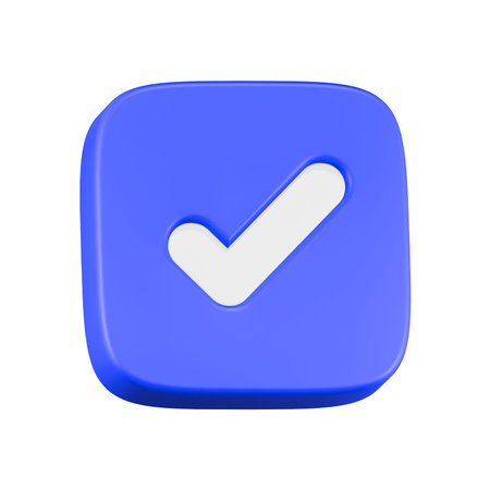Blue check mark button isolated on white background. 3D rendering.