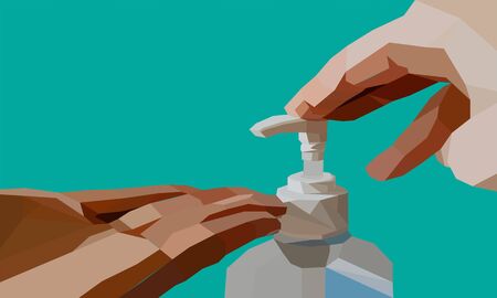 hand sanitizer with hand vector illustration. Polygonal. Low poly conceptのイラスト素材