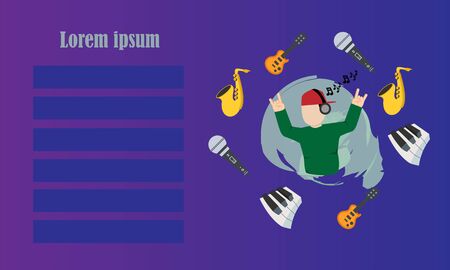 Music illustration, man wearing a headset with a music icon. Music backgroundのイラスト素材