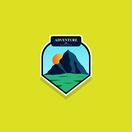 mountain travel emblems. Camping outdoor adventure emblems, badges and logo patches. Mountain tourism, hiking. Forest camp labels in vintage style.のイラスト素材