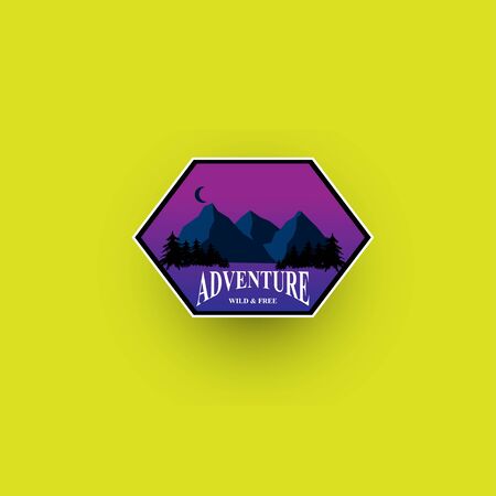 mountain travel emblems. Camping outdoor adventure emblems, badges and logo patches. Mountain tourism, hiking. Forest camp labels in vintage style.のイラスト素材