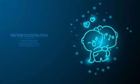 Glowing cute bear hug on blue abstract background. valentine backgroundのイラスト素材
